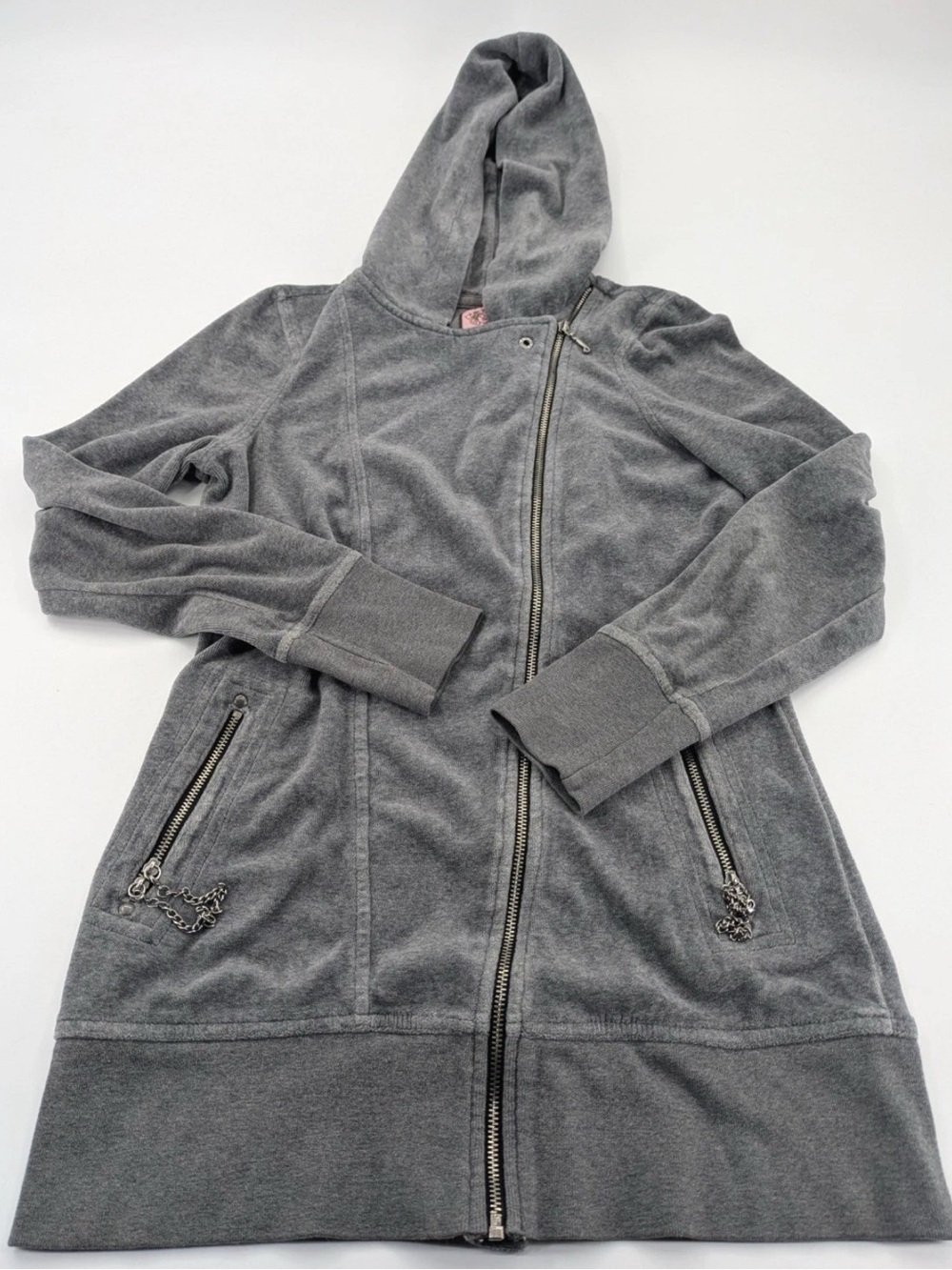 Juicy Couture Y2K Velour Long Hoodie Asymmetric Zip-Up Zip Chain Pockets size Lg